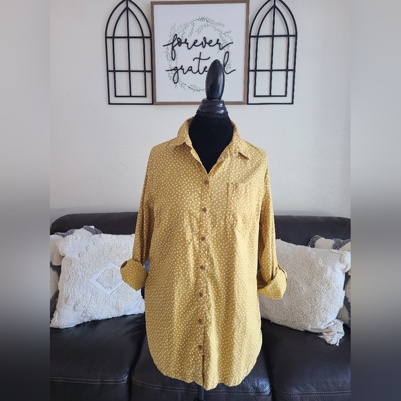 Duluth Trading Women's Yellow/White Polka Dot Top Women's Size L - Picture 2 of 11